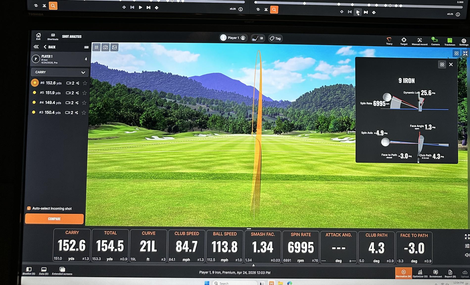 TrackMan shot analysis on the screen in a bay at The Office
